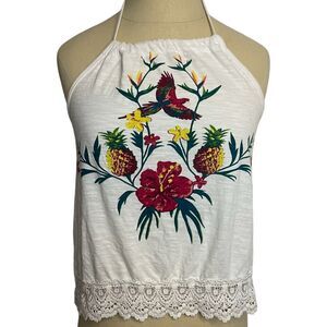 Element Y2K Halter Top Whit Lace Trim Floral Bird Size Medium